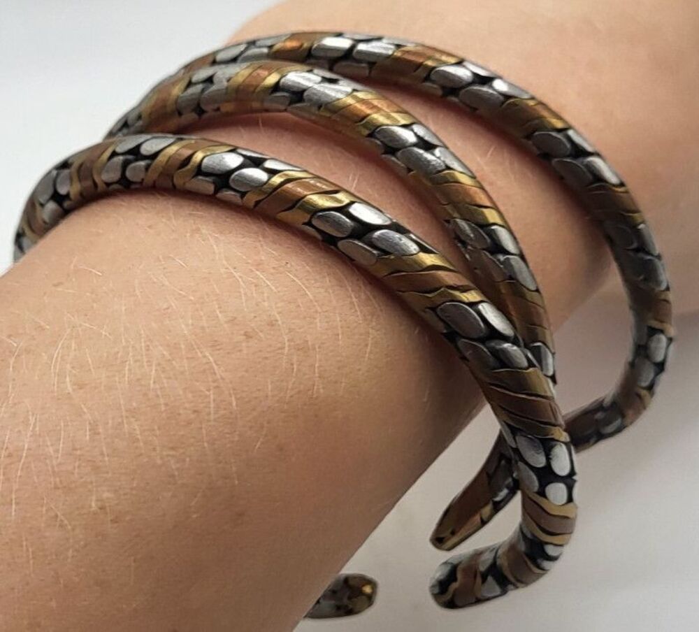 Lot 3 Vntg Tri Metal Braided Cuff Bracelet Woven Copper Brass Silver Boho Art 8"